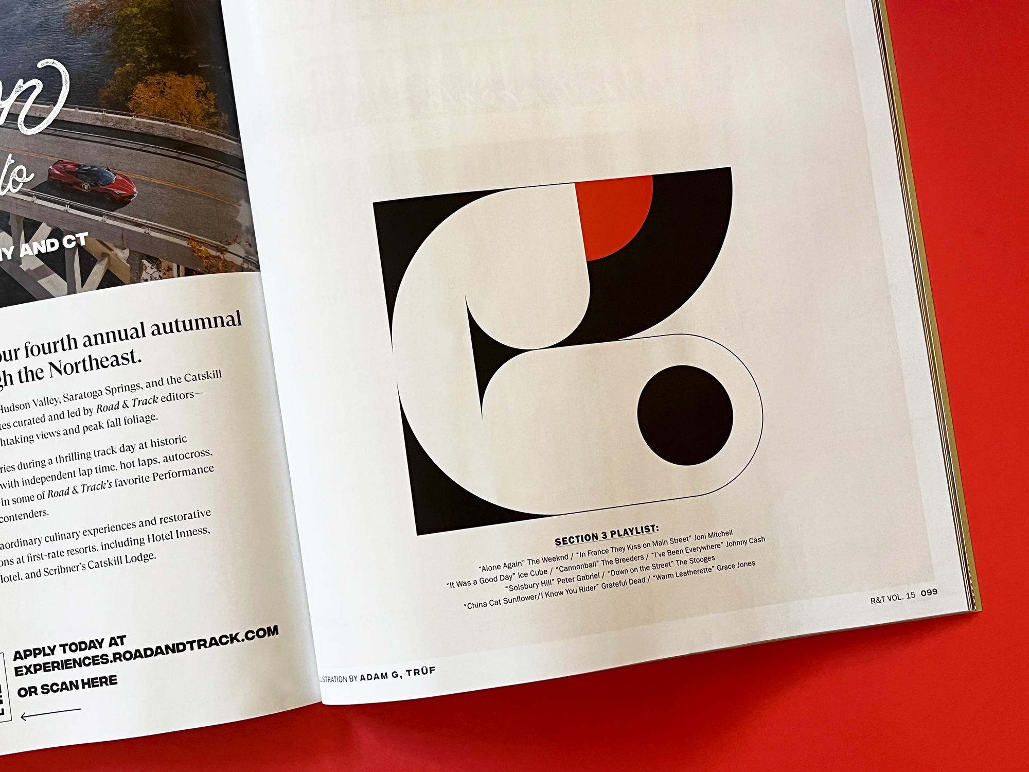 road & track music issue spread showing custom number 3 on red