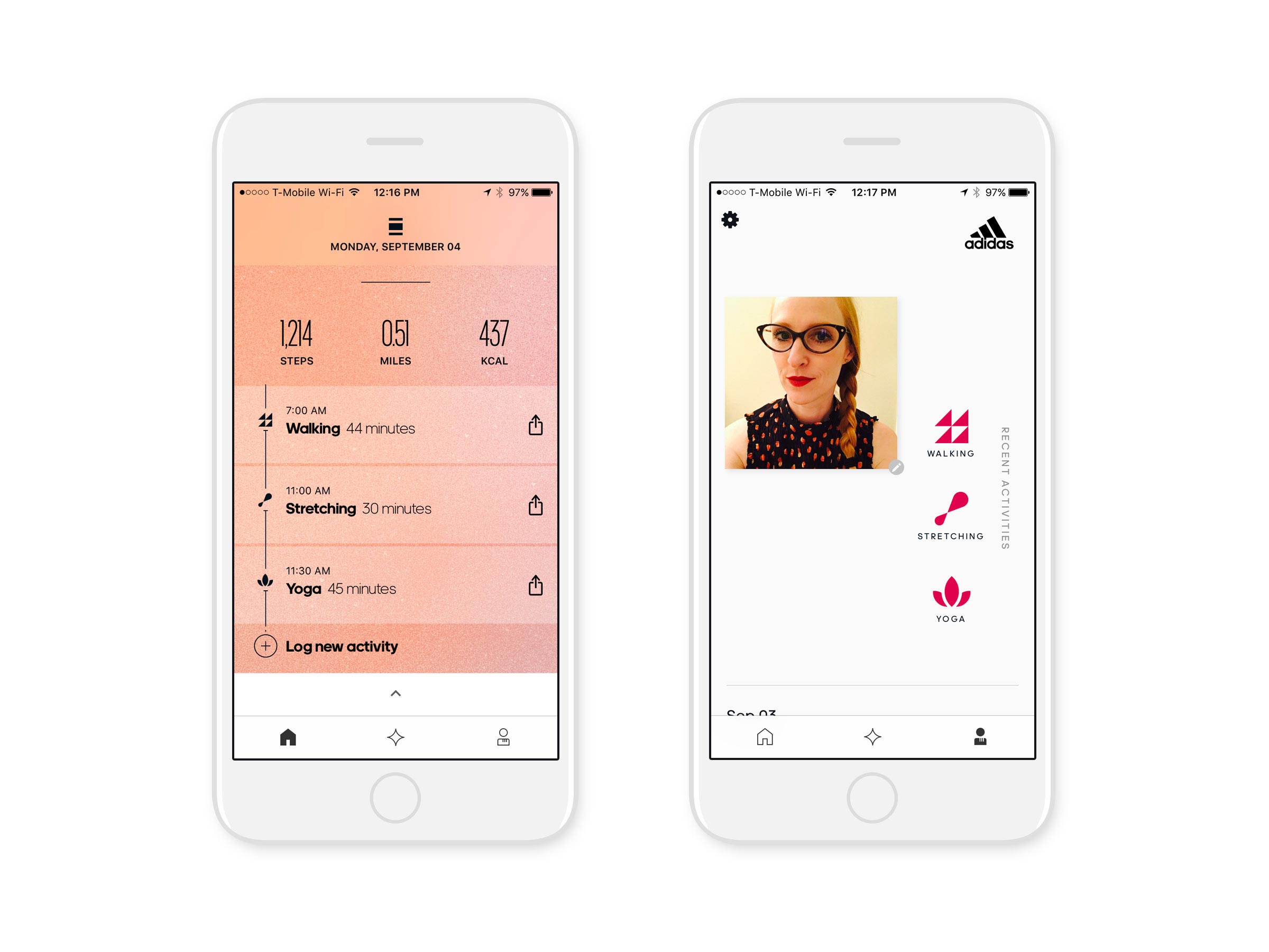 2 screens from adidas all day app profile page and daily planner
