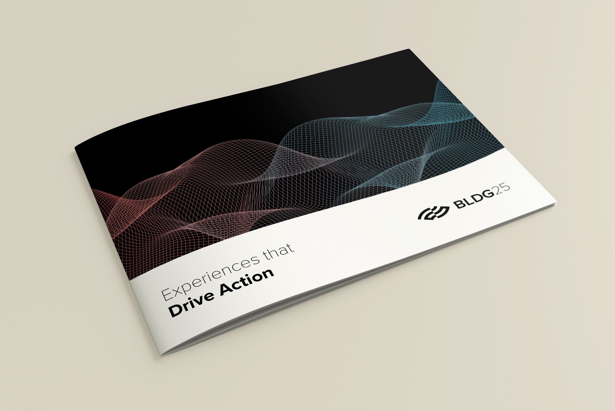 digital mockup of brochure cover using multi-colored mesh wave pattern