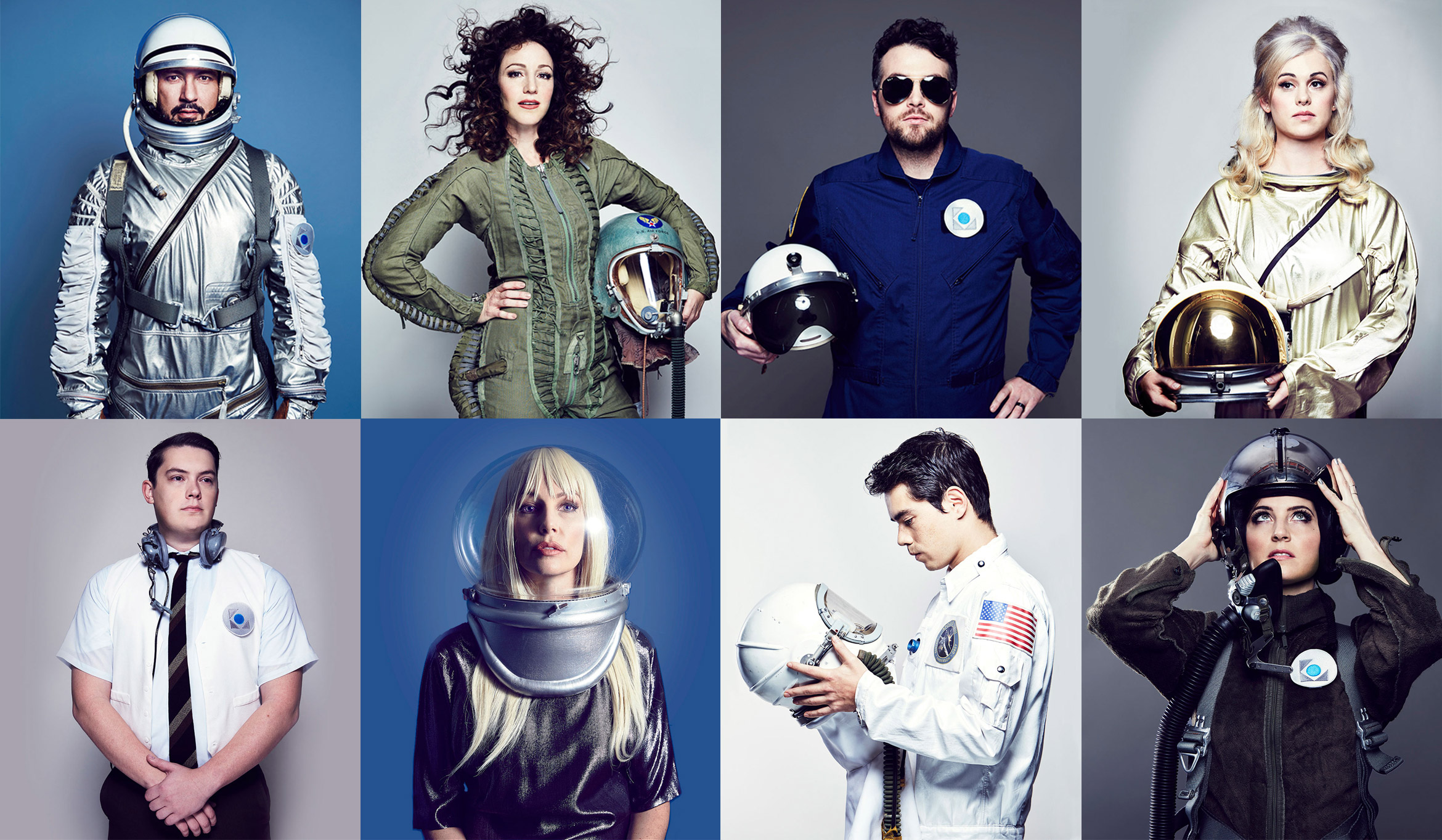 bluegiant team 8 people wearing astronaut suits with helmets