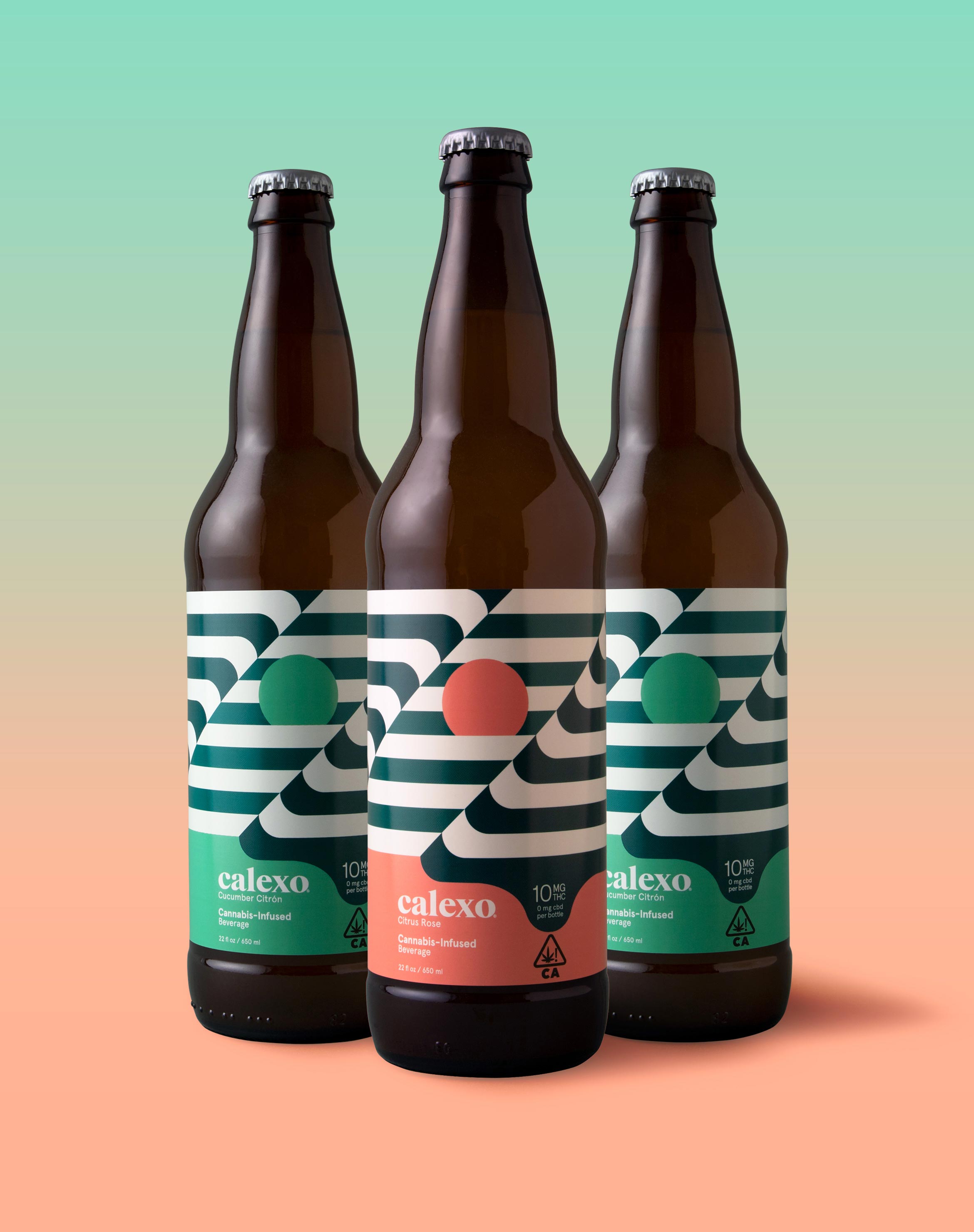 3 calexo brown bottles with striped label designs