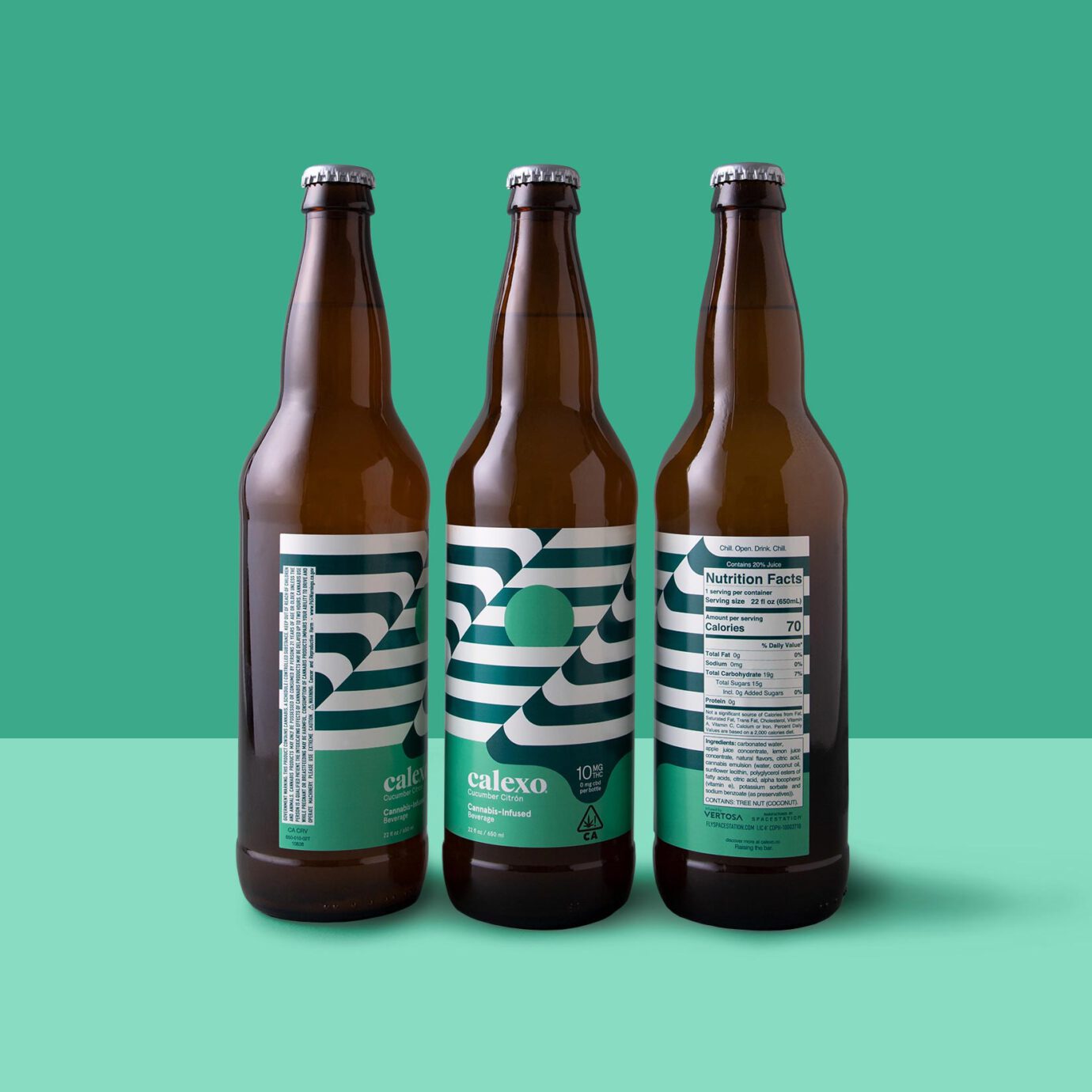 3 bottles of cucumber citron calexo on green backdrop