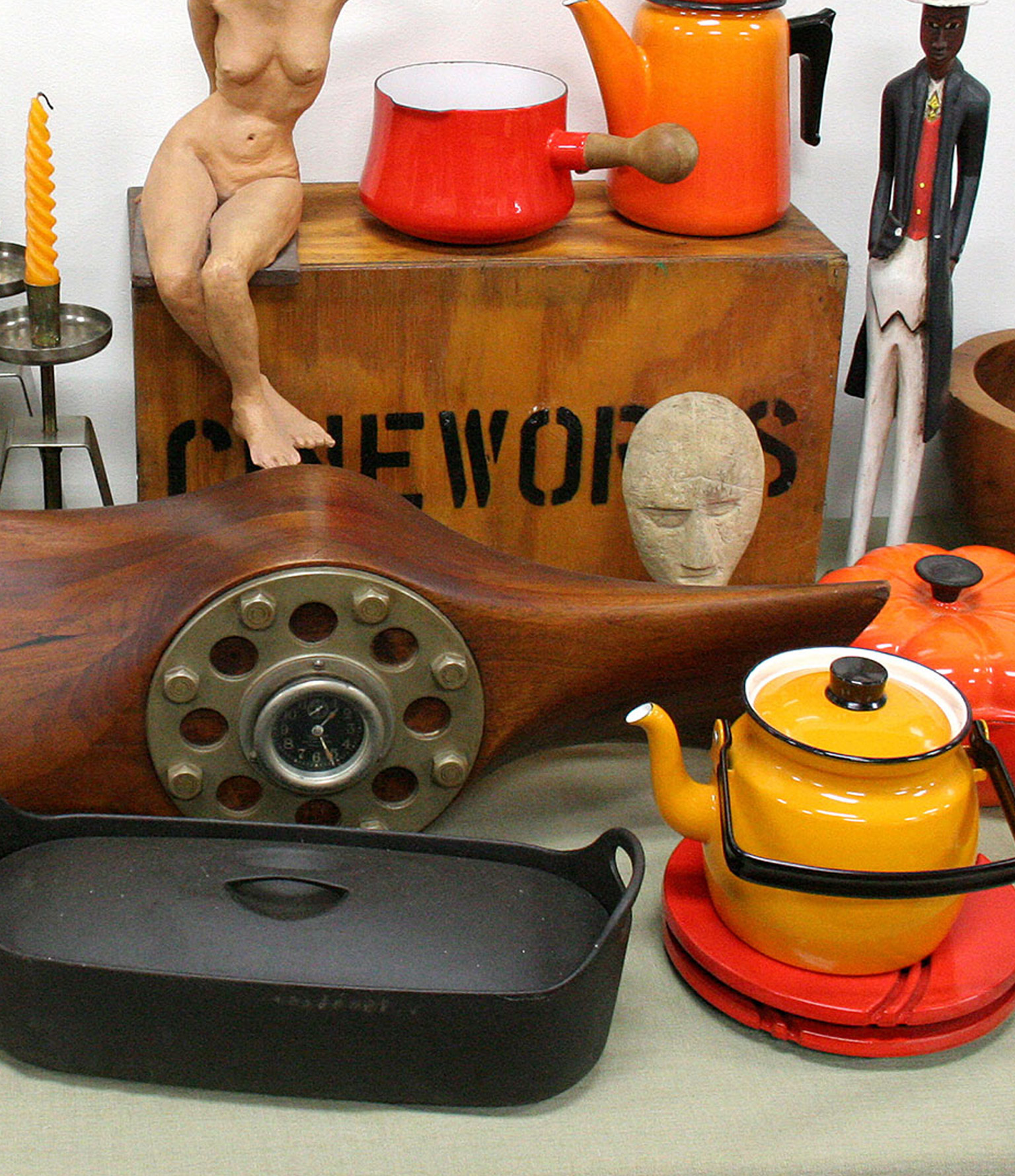 antiques and collectable vintage items on a table