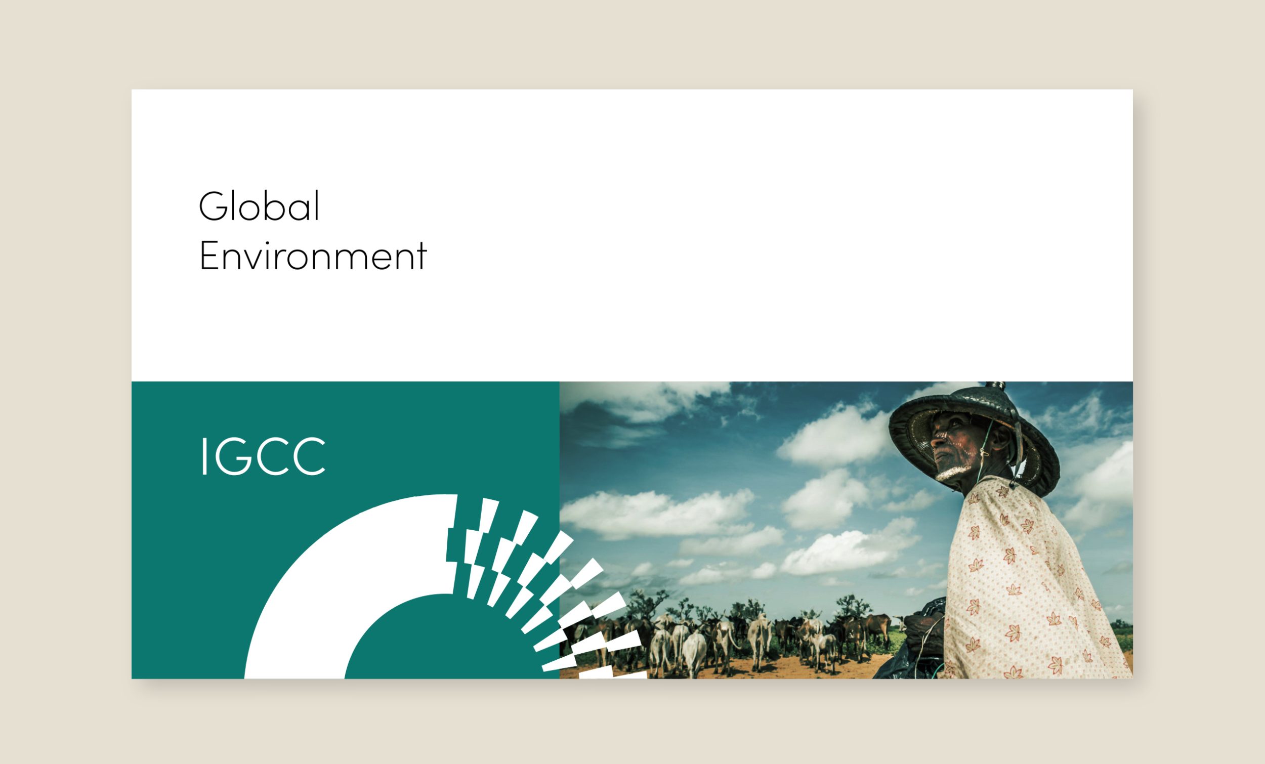 idea for an ad layout or a presentation cover with mark as motif, photo of man with the title Global Environment