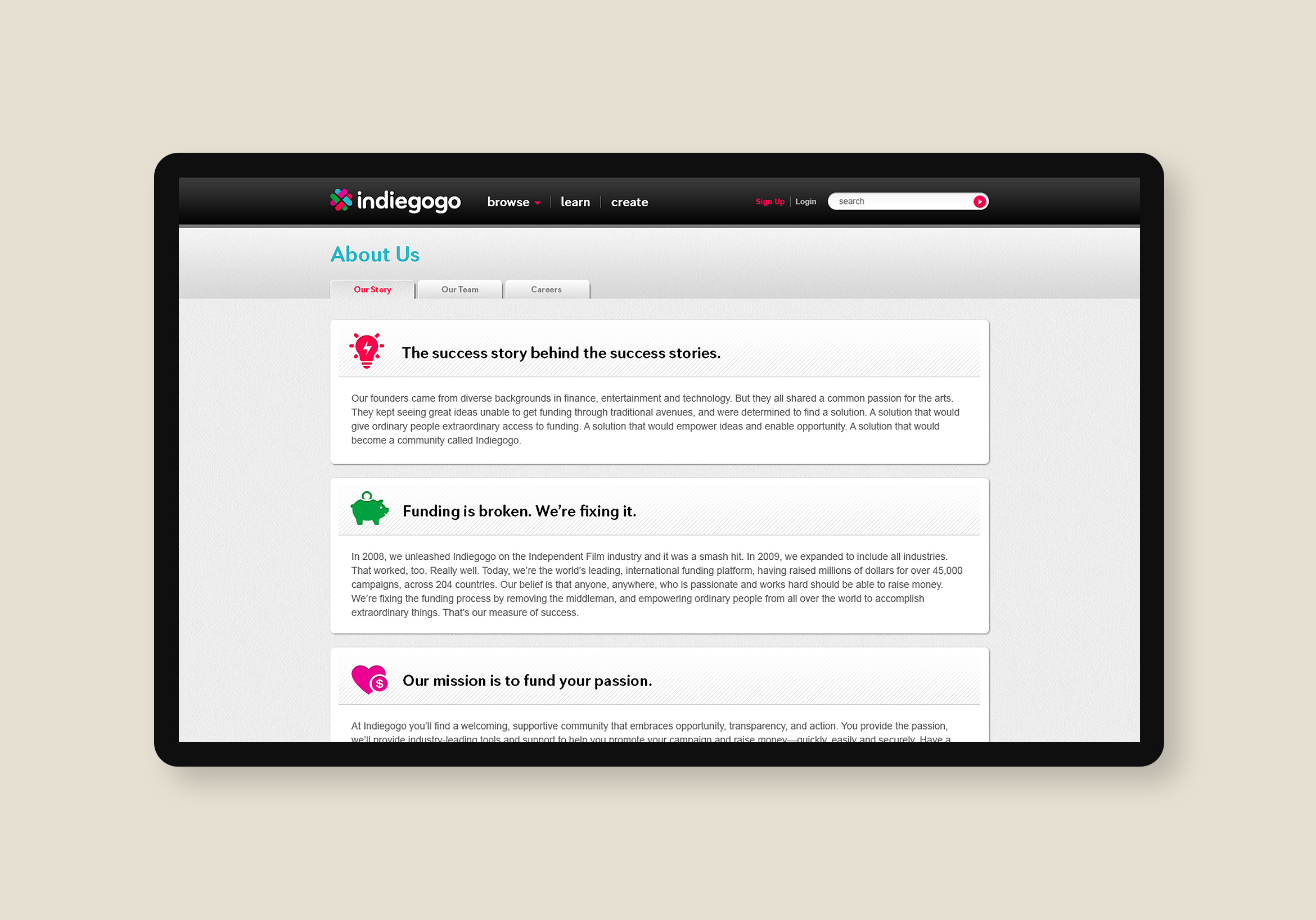 website design indiegogo about us page
