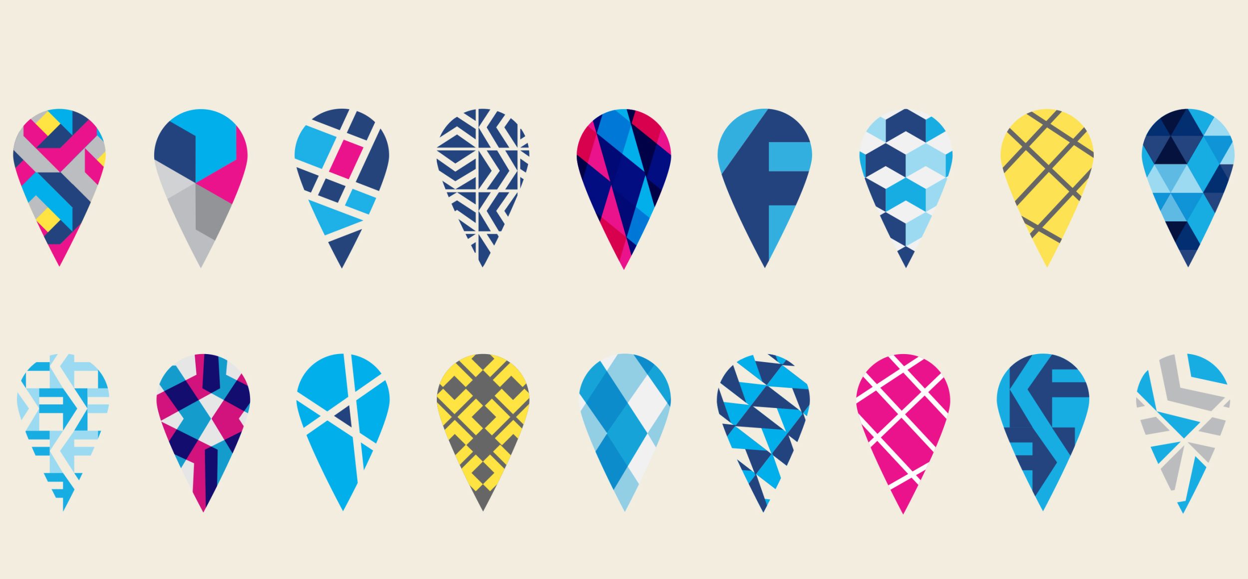 digital design of 2 rows of pins that hold various patterns in main colors