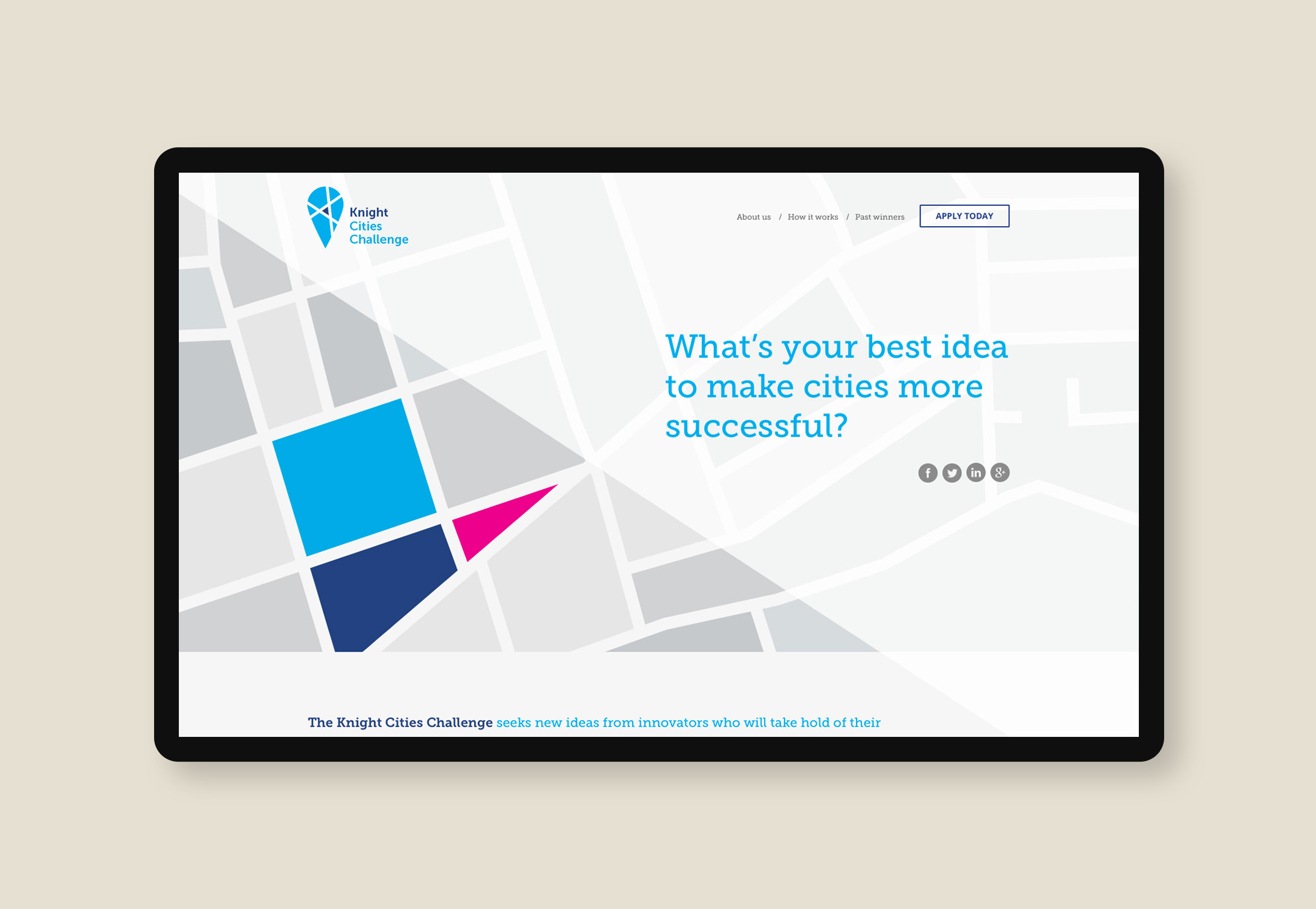 home page mockup inside screen of knight cities challenge website design