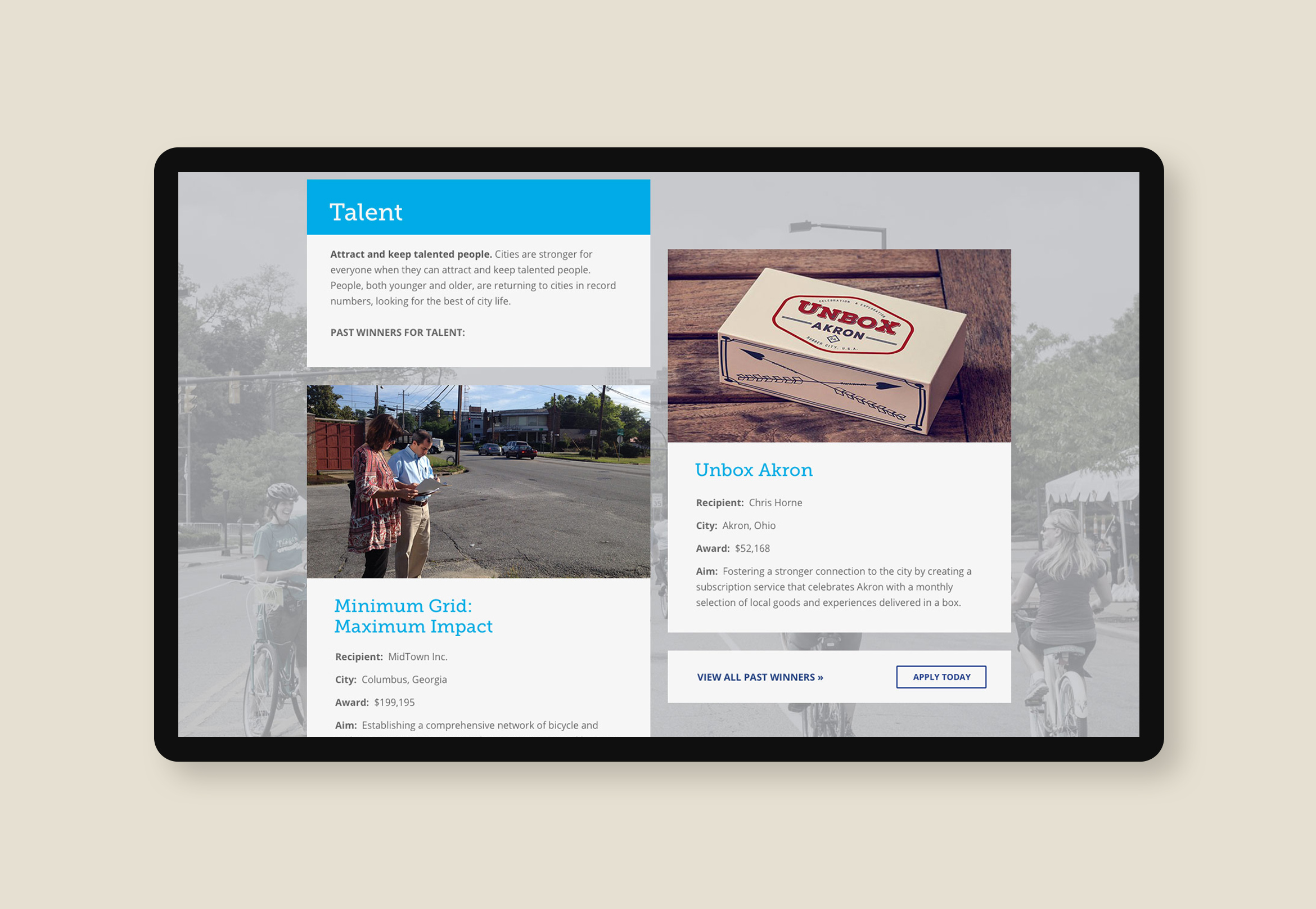 single page mockup inside screen of knight cities challenge website design