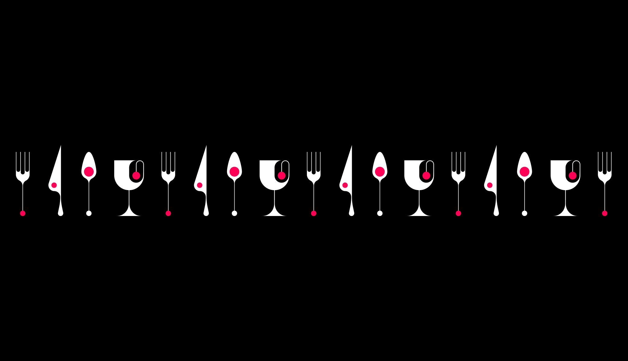 white fork, knife and spoon icons with red dots on black background