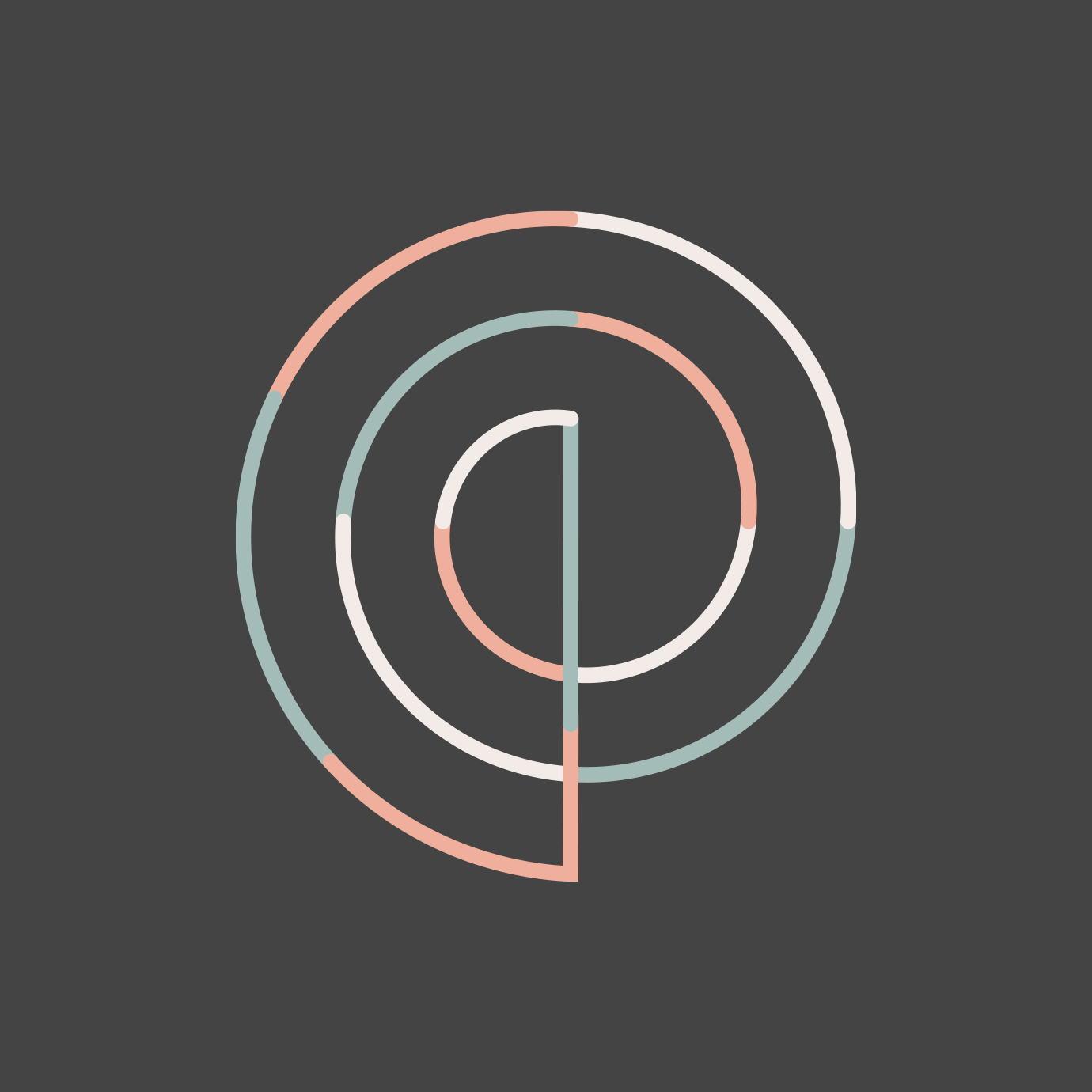 multi-colored P monogram graphic motif on charcoal