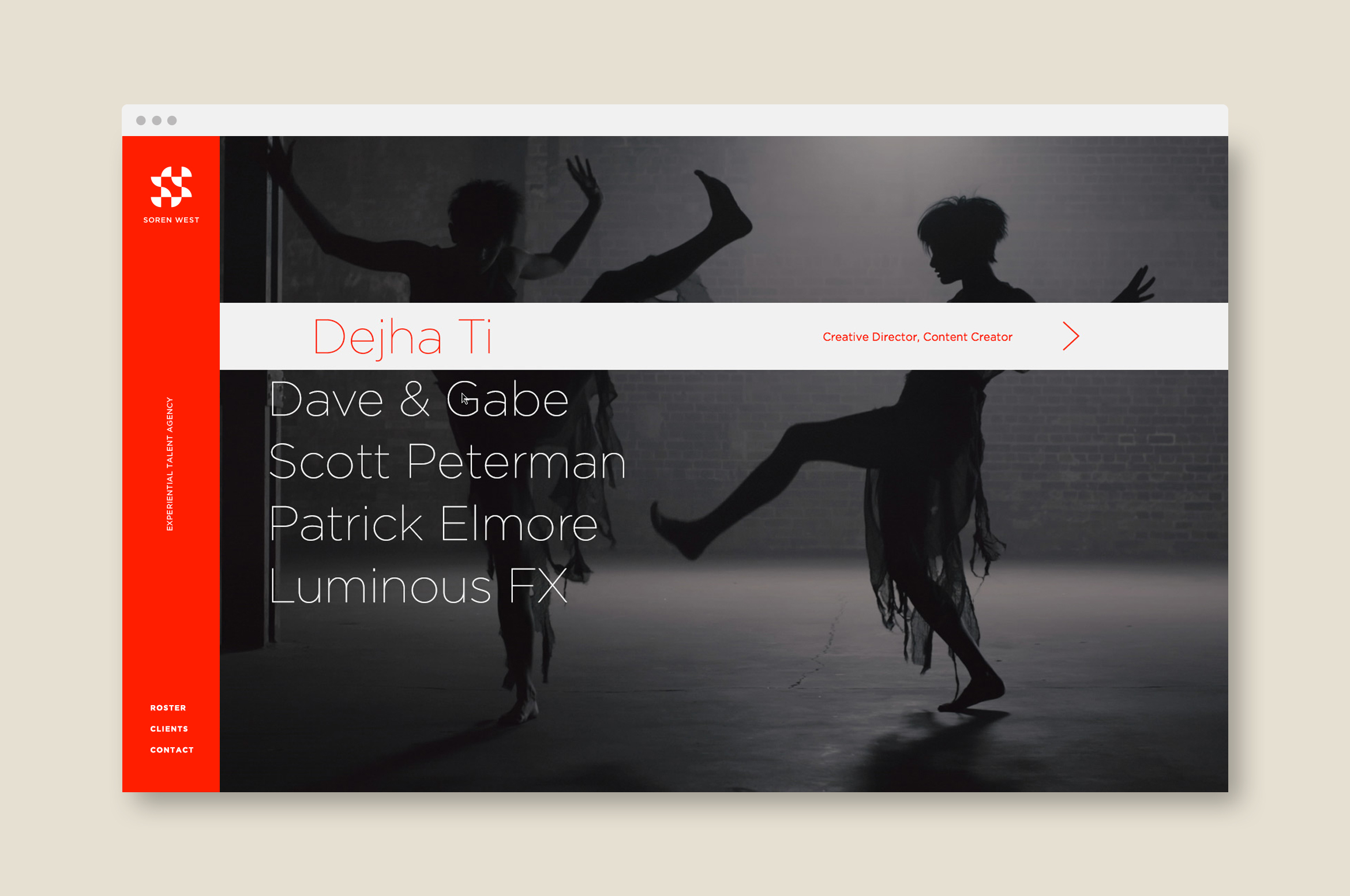 soren west website artist list navigation with red side menu