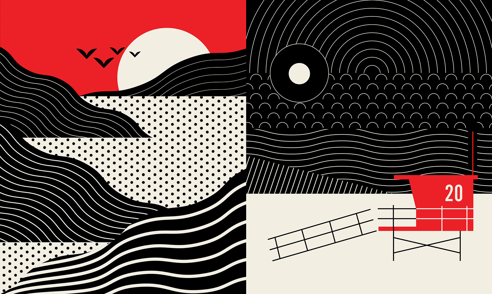 2 illustrations side-by-side, one of ocean, mountains and sunset and one of Tower 20 at Santa Monica beach