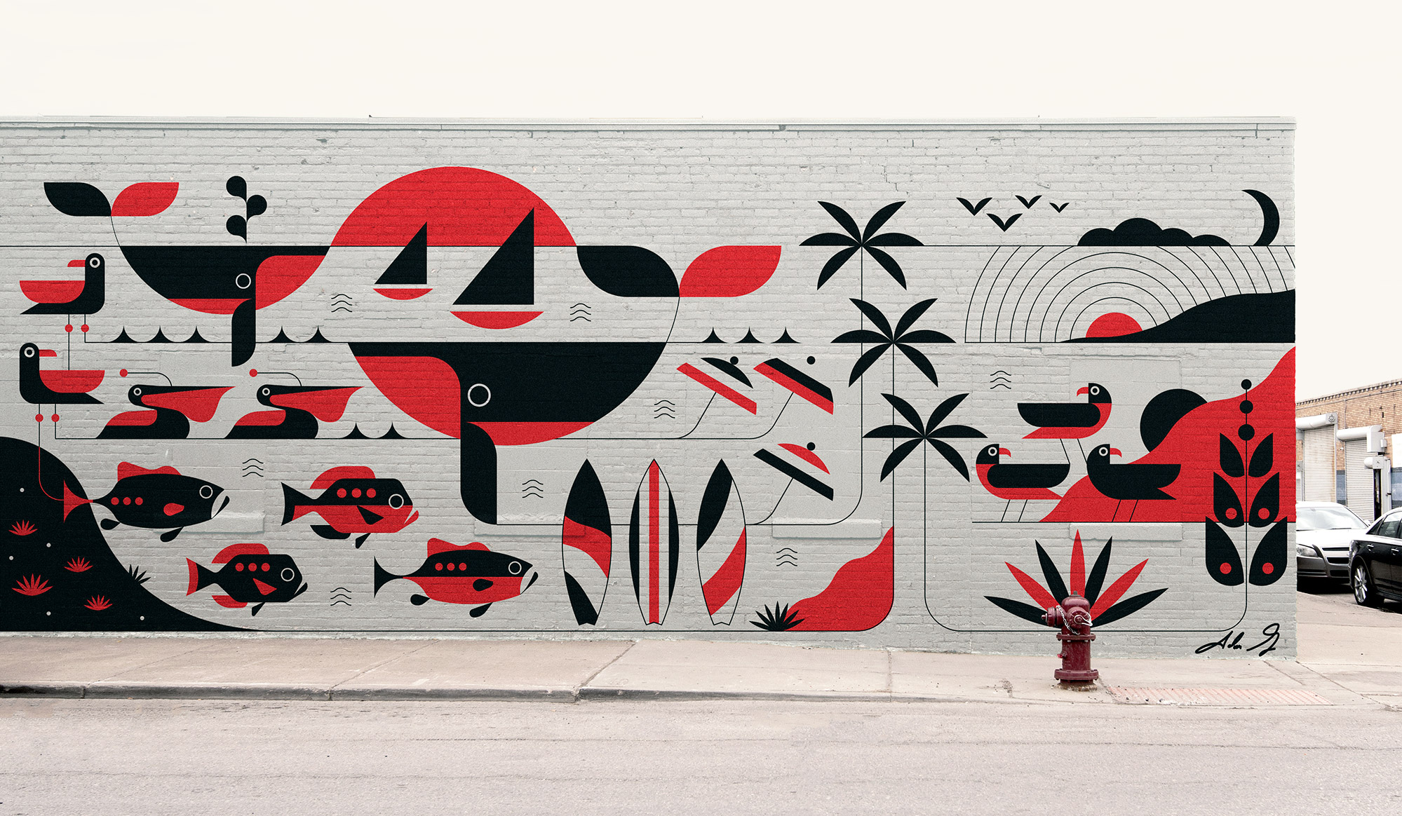 mural on white brick wall mock-up with whales, sailboats, fish, surfboards, beach umbrellas and palm trees in red and black