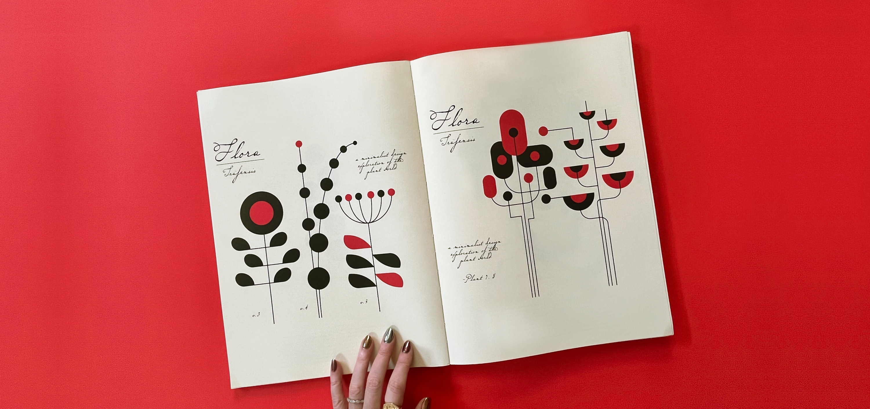 hand holding open spread of 24 ore cultura herbaria magazine with black and red flora illustrations