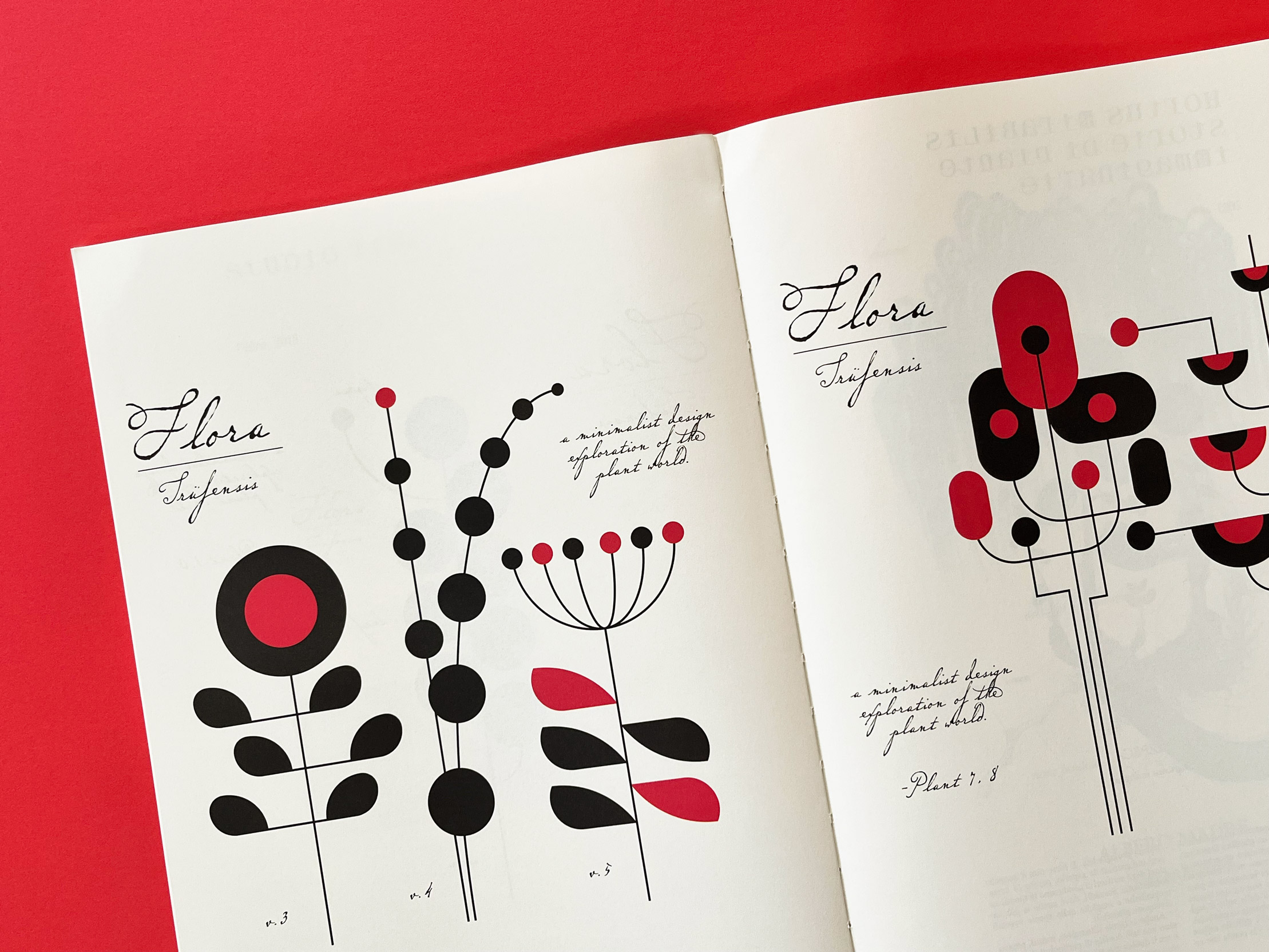 close up of black and red flora illustrations in 24 ore cultura herbaria magazine on red backdrop