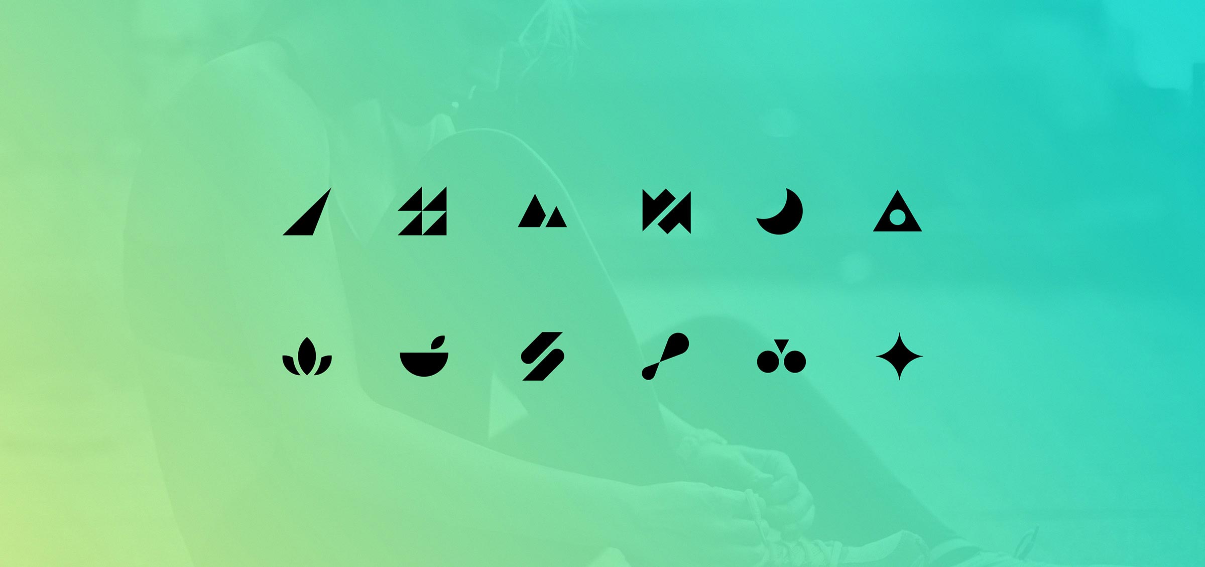 12 abstract icons in black over yellow and aqua gradient photo of runner