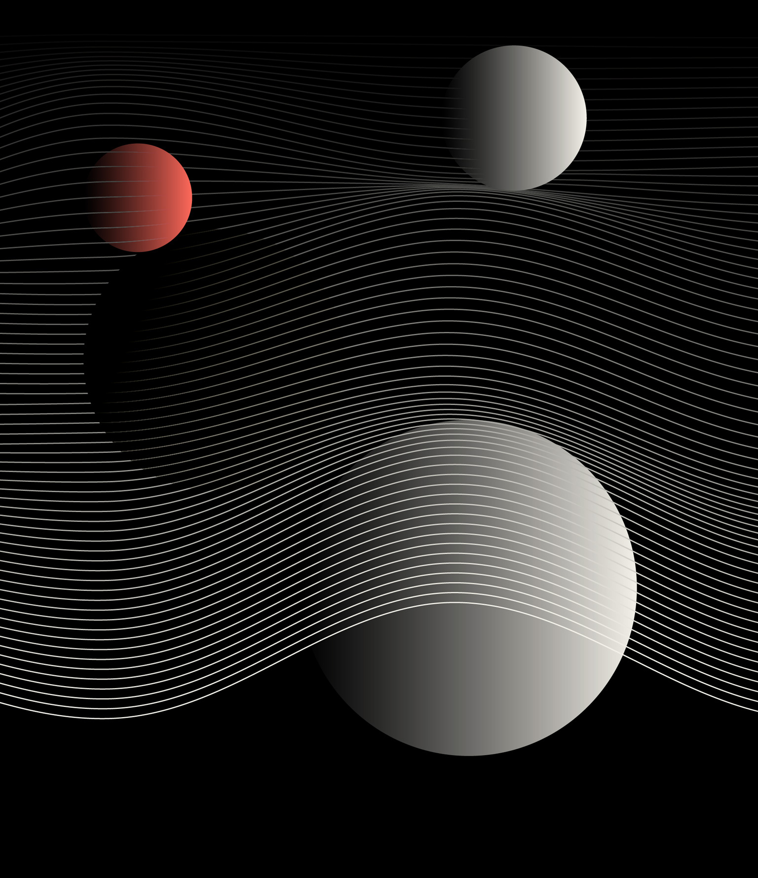 3 spheres in gray and red on a black background with wave design