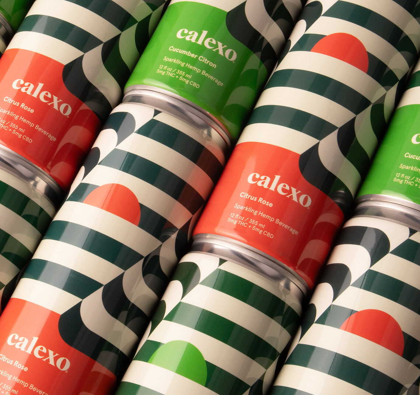 grid of striped calexo hemp beverage cans butted up against each other