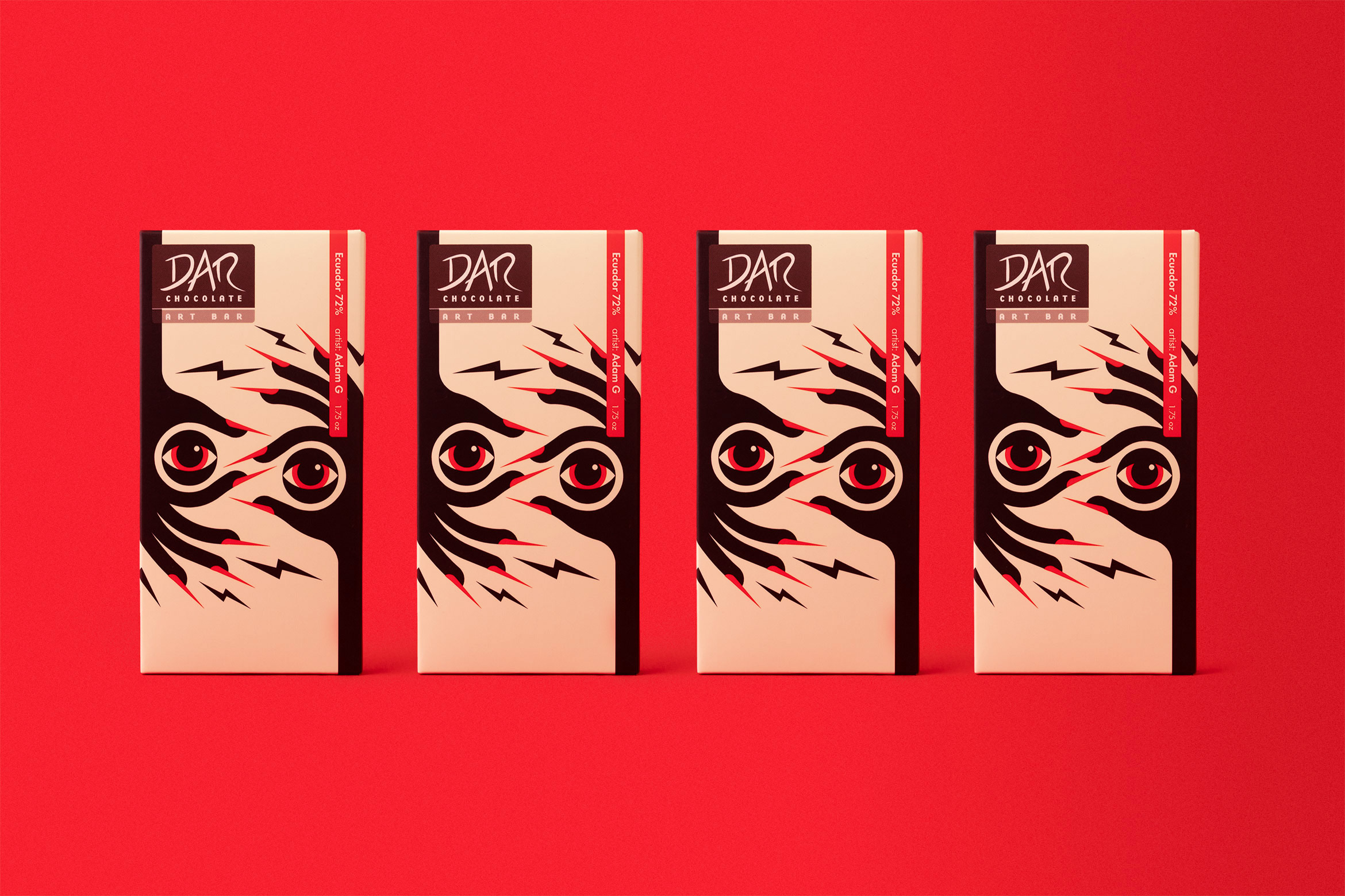 4 DAR chocolate bars standing on red backdrop