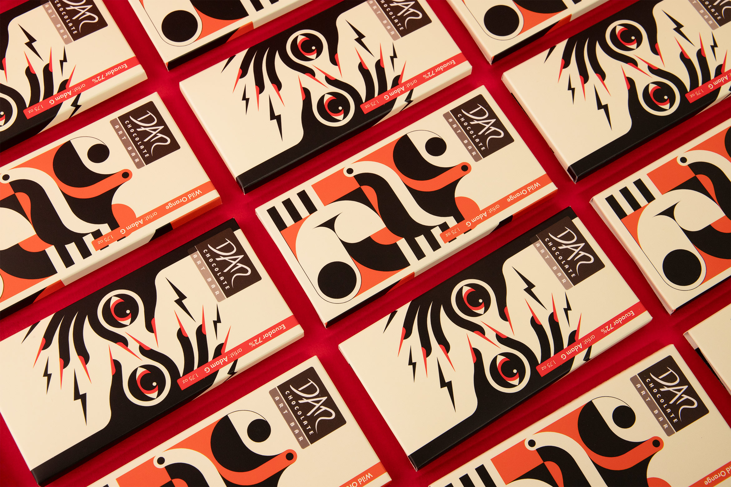 grid of chocolate bars on red