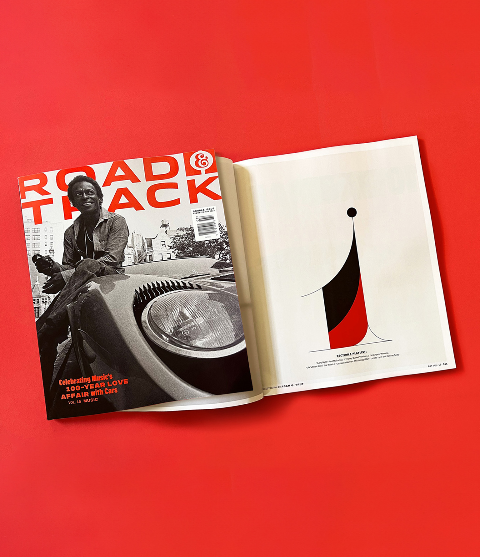 road & track music issue cover with miles davis and spread showing custom number 1 on red