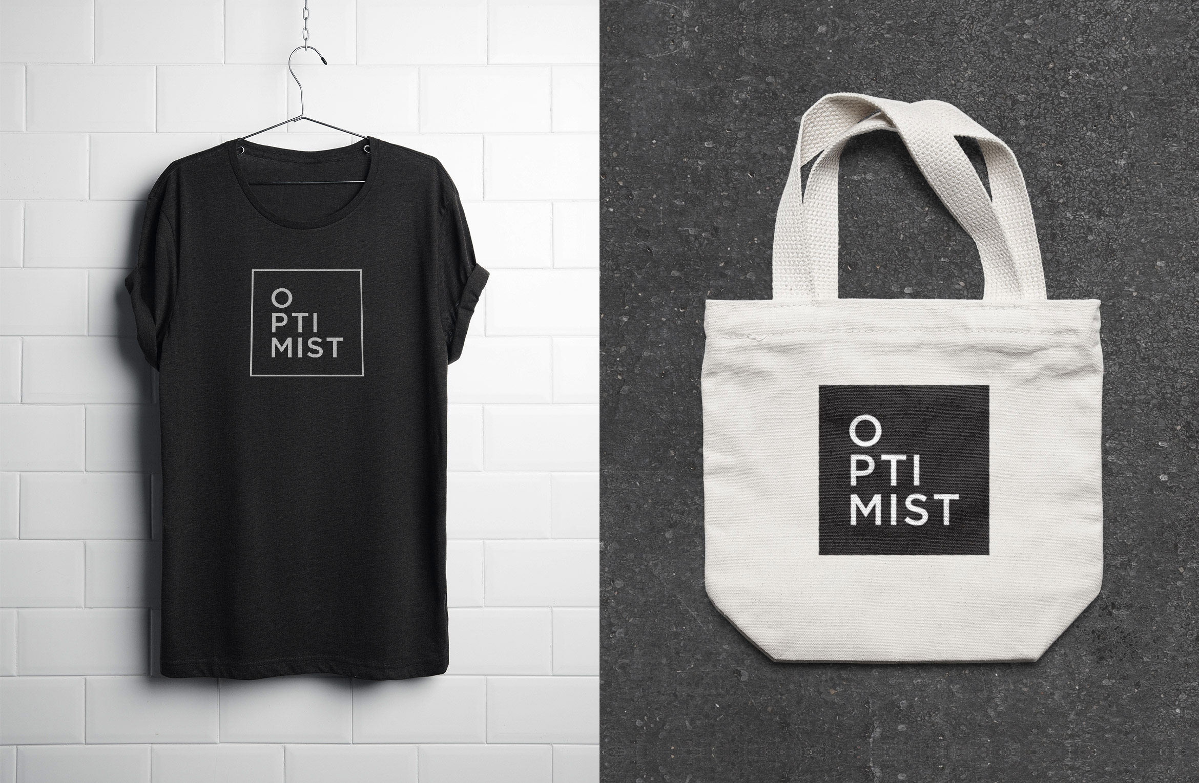 black optimist tee shirt and white tote bag with black logo