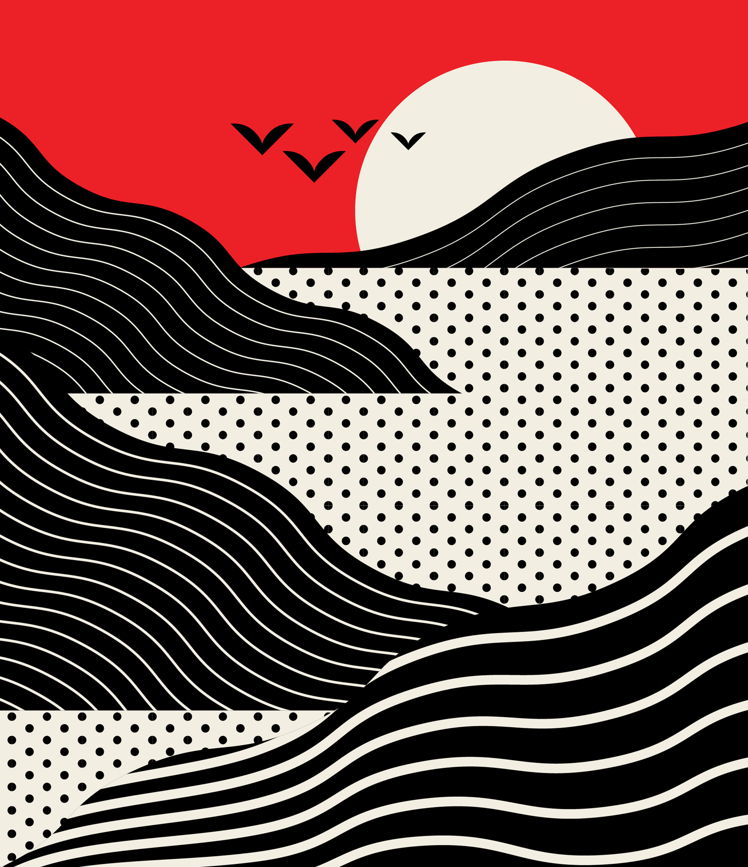 2 illustrations side-by-side, one of ocean, mountains and sunset and one of Tower 20 at Santa Monica beach