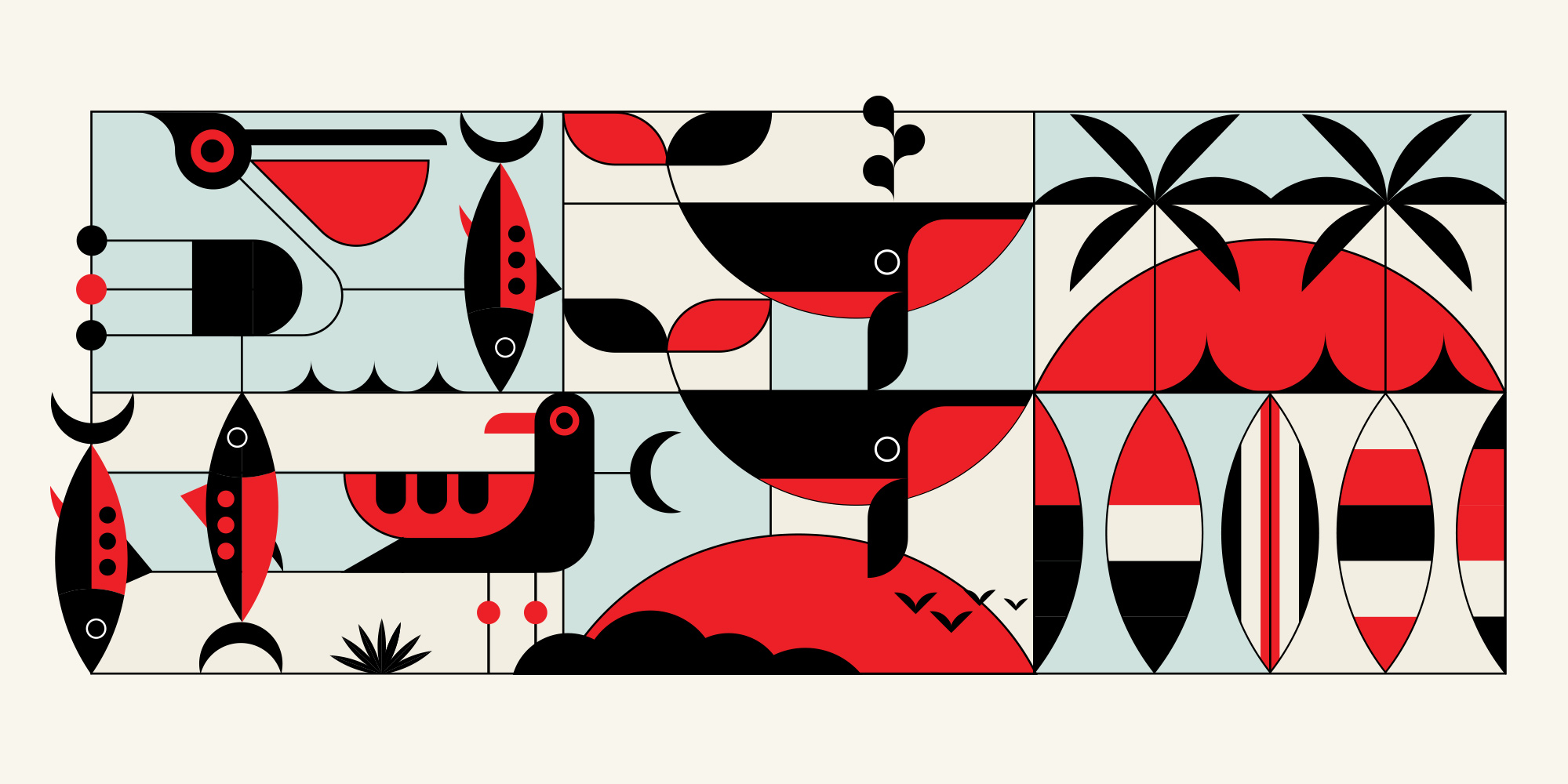 interlocking mosaic mural illustration with whales, sailboats, fish, surfboards, sun set, pelicans, birds and palm trees in red and black and pale blue on cream